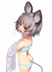 Rule 34 | 1girl, angry, animal ears, back, blush, bra, cinderella bust, flying sweatdrops, full-face blush, grey hair, image sample, kaiza (rider000), looking at viewer, mouse ears, mouse tail, nazrin, open mouth, panties, red eyes, shirt, short hair, simple background, solo, tail, touhou, underwear, underwear only, white background