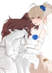 Rule 34 | 3girls, absurdres, ahoge, andou tazusa, assault lily, bare shoulders, blonde hair, blue eyes, blue flower, blue rose, blurry, blurry foreground, blush, breasts, bridal veil, bride, brown hair, buttons, cleavage, collar, commentary request, depth of field, dress, dress flower, ear blush, embarrassed, fataaa, female focus, female pov, flower, formal, frilled dress, frills, glint, gloves, grin, hair between eyes, hair flower, hair ornament, high ponytail, highres, holding hands, jacket, jewelry, kaede johan nouvel, leaning forward, long hair, long sleeves, looking at viewer, looking away, looking to the side, medium breasts, mouth hold, multiple girls, off-shoulder dress, off shoulder, open clothes, open jacket, open mouth, pant suit, pants, parted lips, petals, petals in mouth, pocket, ponytail, pov, pov hands, profile, red eyes, ring, rose, rose petals, short sleeves, sidelocks, sideways glance, simple background, smile, standing, suit, sweat, veil, wavy hair, wedding band, wedding dress, white background, white collar, white dress, white gloves, white jacket, white pants, white suit, wife and wife, yuri
