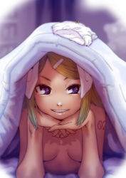 Rule 34 | arm support, bed, bed sheet, blanket, blonde hair, blurry, blurry background, breasts, depth of field, hair ornament, hair ribbon, hairclip, highres, kagamine rin, lips, looking at viewer, lying, number tattoo, on bed, on stomach, own hands clasped, own hands together, panties, unworn panties, parted lips, purple eyes, ribbon, short hair, small breasts, solo, soon (c-u-soon), swept bangs, tattoo, tsurime, under covers, underwear, upper body, vocaloid, white panties, white ribbon