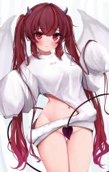 Rule 34 | 1girl, absurdres, blush, brown hair, closed mouth, clothing cutout, cowboy shot, demon girl, demon horns, demon tail, demon wings, highres, horns, kohe billialot, long hair, long sleeves, multicolored hair, navel, original, red eyes, red hair, shirt, sleeves past fingers, sleeves past wrists, solo, standing, streaked hair, tail, tail censor, thigh gap, twintails, very long hair, white shirt, wings