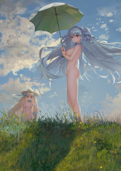 Rule 34 | 2girls, absurdres, bad id, bad pixiv id, blonde hair, blue gloves, blue hair, blue ribbon, blue sky, blush, borrowed character, breasts, cleavage, closed mouth, cloud, completely nude, day, elbow gloves, floating hair, flower, gloves, gluteal fold, grass, hair flower, hair ornament, hair ribbon, hairband, hand on own hip, hat, highres, holding, holding umbrella, large breasts, lolita hairband, long hair, multiple girls, navel, neck garter, niliu chahui, nipples, nude, nudist, original, outdoors, pink flower, plant, rabbit hair ornament, red eyes, ribbon, siblings, sidelocks, silver hair, sisters, sky, small breasts, smile, standing, sun hat, tokisaki asaba (niliu chahui), tokisaki mio (niliu chahui), two side up, umbrella, very long hair, white headwear, wind