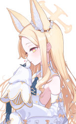 Rule 34 | 1girl, aibon, animal, animal ears, bare shoulders, bird, blonde hair, blue archive, blush, cruciform halo, detached sleeves, dress, fox ears, halo, heart, highres, long hair, open mouth, seia (blue archive), simple background, solo, upper body, white background, white bird, white dress, white sleeves, wide sleeves, yellow eyes, yellow halo