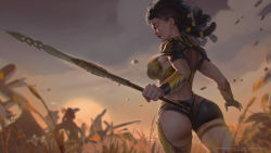Rule 34 | 1girl, armor, ass, back, breastplate, breasts, buzz cut, commentary, commission, cowboy shot, dreadlocks, english commentary, eva solo, field, from behind, grass, highres, holding, holding polearm, holding weapon, large breasts, looking afar, medium hair, original, pinup (style), polearm, scar, scar on face, short hair, shorts, solo, spear, tall grass, thigh strap, vambraces, very short hair, weapon