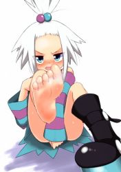 Rule 34 | 10s, 1girl, akita chika, barefoot, blush, boots, creatures (company), feet, game freak, gym leader, nintendo, pokemon, pokemon bw, pokemon bw2, roxie (pokemon), soles, steam, sweat, toes, white hair