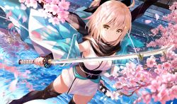 Rule 34 | 1girl, ahoge, armpits, bare shoulders, black bow, black footwear, black scarf, blonde hair, blush, boots, bow, branch, breasts, cherry blossoms, closed mouth, fate (series), fuzichoco, hair bow, half updo, holding, holding sword, holding weapon, japanese clothes, katana, kimono, koha-ace, long sleeves, looking at viewer, medium breasts, off shoulder, okita souji (fate), okita souji (koha-ace), open clothes, ponytail, reflection, ripples, sash, scarf, shinsengumi, short hair, smile, solo, standing, sword, thigh boots, thighhighs, unsheathed, water, weapon, white bow, white kimono, wide sleeves, yellow eyes, zettai ryouiki