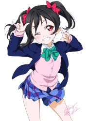 Rule 34 | 1girl, 2018, arms up, black hair, blazer, blue jacket, blue skirt, blush, bow, bowtie, contrapposto, double m/, green bow, green bowtie, hair bow, head tilt, highres, jacket, legs apart, long hair, long sleeves, looking at viewer, love live!, love live! school idol project, m/, miniskirt, nico nico nii, open clothes, open jacket, otonokizaka school uniform, pink bow, plaid, plaid skirt, pleated skirt, red eyes, school uniform, signature, simple background, skirt, solo, standing, striped, striped bow, takeya yuuki, tareme, white background, wing collar, yazawa nico
