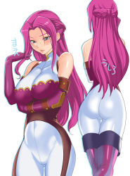 Rule 34 | 00s, 1girl, ass, bare shoulders, blue eyes, blush, bodysuit, boots, breast hold, breasts, code geass, cornelia li britannia, elbow gloves, gloves, impossible clothes, large breasts, long hair, pink gloves, playing with hair, playing with own hair, purple eyes, purple hair, robina, skin tight, solo, thigh boots, thighhighs