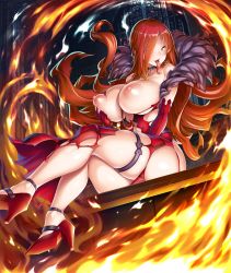 Rule 34 | 1girl, ass, astaroth (taimanin asagi), bare shoulders, breasts, cleavage, curvy, dress, female focus, fingering, fire, grabbing, grabbing another&#039;s breast, highres, huge ass, huge breasts, lilith-soft, long hair, long tongue, looking at viewer, magic, moaning, naughty face, nipples, no bra, piercing, potion (moudamepo), puffy nipples, red hair, shiny skin, sideboob, sitting, smile, solo, taimanin (series), taimanin asagi, taimanin asagi kessen arena, thick thighs, thighs, tongue, tongue out, tongue piercing, yellow eyes