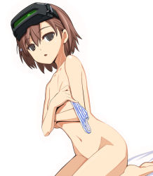 Rule 34 | 1girl, black eyes, breasts, brown hair, caryo, collarbone, covering breasts, covering privates, dutch angle, empty eyes, hair ornament, head-mounted display, holding, holding clothes, holding panties, holding underwear, lowres, misaka imouto, nanashino, navel, nude, panties, parted lips, seiza, short hair, simple background, sitting, small breasts, solo, striped clothes, striped panties, toaru majutsu no index, underwear, unworn panties