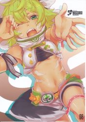 Rule 34 | 1girl, blonde hair, cyberconnect2, green eyes, hassaku, hat, highres, navel, neptune (series), official art, one eye closed, rubbing eyes, short hair, solo, tail, tears, tongue, yawning