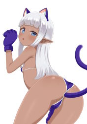 Rule 34 | 1girl, anal, anal object insertion, anal tail, animal ears, animal hands, atg (wttoo0202), bare shoulders, bikini, blunt bangs, breasts, butt plug, cameltoe, cat ears, cat tail, cleft of venus, cowboy shot, dark-skinned female, dark skin, fake tail, from behind, gloves, highres, karla (kono healer mendokusai), kono healer mendokusai, leaning forward, long hair, looking at viewer, looking back, object insertion, open mouth, paw gloves, paw pose, pointy ears, purple bikini, sex toy, silver hair, simple background, small breasts, solo, standing, swimsuit, tail, white background