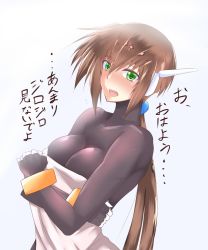 Rule 34 | 1girl, aile (mega man zx), blush, bodystocking, bracelet, breasts, brown hair, embarrassed, female focus, green eyes, hair between eyes, highres, jewelry, long hair, mega man (series), mega man zx, mega man zx advent, open mouth, ponytail, robot ears, simple background, solo, text focus, tgxx3300, white background