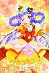 Rule 34 | 1girl, aizen (syoshiyuki), black hat, bow, braid, cure magical, cure magical (topaz style), food, food-themed hair ornament, frilled skirt, frills, hair ornament, hat, highres, izayoi liko, long hair, looking at viewer, magical girl, mahou girls precure!, mini hat, mini witch hat, one eye closed, orange thighhighs, precure, pudding, purple eyes, purple hair, red bow, skirt, solo, thighhighs, topaz style, witch hat, wrist cuffs, yellow skirt