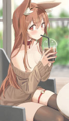 Rule 34 | 1girl, animal ear fluff, animal ears, armchair, bare shoulders, blurry, blurry background, blush, breasts, brown dress, brown hair, brown sweater, brown thighhighs, chair, cleavage, collar, commission, cup, depth of field, disposable cup, dress, drink, drinking, feet out of frame, fox ears, highres, holding, holding cup, indoors, large breasts, long hair, long sleeves, looking at viewer, off-shoulder dress, off-shoulder sweater, off shoulder, original, red eyes, sitting, skindentation, solo, sweater, sweater dress, table, thigh strap, thighhighs, twin (tt lsh), two-handed, very long hair, zettai ryouiki