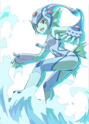 Rule 34 | 1girl, ass, colored skin, digimon, fins, fish girl, green skin, highres, one-piece swimsuit, ranamon, red eyes, solo, swimsuit, water