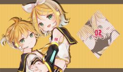 Rule 34 | 1boy, 1girl, absurdres, blonde hair, blush, bow, brother and sister, detached sleeves, green eyes, hair bow, headset, highres, holding hands, interlocked fingers, kagamine len, kagamine rin, llatteowo, open mouth, sailor collar, siblings, smile, striped, striped background, tattoo, twins, vocaloid