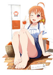 Rule 34 | 10s, 1girl, ;d, ahoge, arm support, arms up, bad feet, bad id, bad pixiv id, barefoot, blush, bow, braid, breasts, feet, feet together, food, foreshortening, fruit, hair bow, hair ornament, highres, holding, holding food, holding fruit, love live!, love live! school idol festival, love live! sunshine!!, one eye closed, open mouth, orange (fruit), orange hair, overalls, red eyes, short hair, siokazunoko, sitting, smile, solo, takami chika, teeth, toes, translation request, v, yellow bow