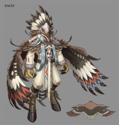 Rule 34 | 1boy, armor, bad id, bad pixiv id, bird, brown hair, eagle, english text, feathered wings, feathers, grey background, highres, hooves, kahill, male focus, mask, medium hair, monster boy, original, pauldrons, shoulder armor, simple background, skull, sleeves past wrists, solo, standing, talons, tribal, wings