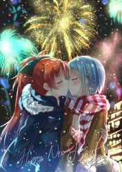 Rule 34 | 2015, 2girls, blush, fireworks, gleision adain, happy new year, kiss, mahou shoujo madoka magica, miki sayaka, multiple girls, sakura kyoko, yuri