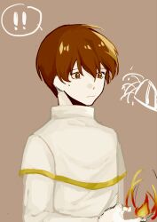 Rule 34 | !, !!, 1boy, brown background, brown eyes, brown hair, capelet, chinese commentary, closed mouth, commentary request, gold trim, hair between eyes, highres, jabuchi you, long sleeves, male focus, minustempo, saibou shinkyoku, shirt, short hair, simple background, solo, spoken exclamation mark, sweat, upper body, white capelet, white shirt