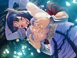Rule 34 | 10s, 1boy, 1girl, blue hair, blush, breasts, dress, elbow gloves, game cg, gloves, groping, huge breasts, jewelry, kyonyuu fantasy, lactation, necklace, open mouth, puff and slash sleeves, puffy sleeves, roxanne de desir, tagme