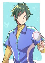 Rule 34 | 10s, 1boy, :d, aqua hair, bad id, bad twitter id, baseball, baseball uniform, blue background, closed mouth, green hair, highres, idolmaster, idolmaster side-m, igari leo, looking to the side, male focus, open mouth, patterned background, short sleeves, smile, solo, sportswear, star (symbol), turtleneck, upper body, yellow eyes, zipper pull tab