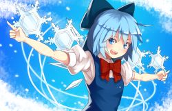 Rule 34 | 1girl, blue eyes, blue hair, bow, cirno, hair bow, ice, matching hair/eyes, nosuku, outstretched arms, short hair, smile, snowflakes, solo, spread arms, touhou, upper body