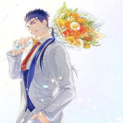 Rule 34 | 1boy, absurdres, blue hair, bouquet, cu chulainn (fate), cu chulainn (fate/stay night), daisy, daro maru, earrings, fate/grand order, fate (series), flower, formal, grin, hair over shoulder, hair strand, hand in pocket, highres, holding, holding bouquet, jewelry, long hair, looking at viewer, making-of available, male focus, necktie, orange flower, orange rose, ponytail, red eyes, red necktie, rose, smile, solo, suit, upper body, white background, white suit