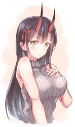 Rule 34 | 1girl, azur lane, bad id, bad pixiv id, bare shoulders, black hair, breasts, hair between eyes, hair ornament, hand on own chest, highres, horns, large breasts, long hair, looking at viewer, oni horns, red horns, sh22, simple background, sleeveless, sleeveless sweater, sleeveless turtleneck, solo, suzuya (azur lane), sweater, turtleneck, turtleneck sweater, yellow eyes