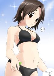 Rule 34 | 1girl, bikini, black bikini, blush, breasts, brown eyes, brown hair, cleavage, closed mouth, commentary, eighth note, girls und panzer, highres, horagai (horagai222), light blush, looking down, medium breasts, musical note, navel, parted bangs, sawa azusa, short hair, skindentation, smile, solo, sparkle, spoken musical note, standing, swimsuit, twitter username