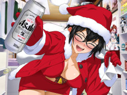Rule 34 | 1girl, alcohol, bag, bedroom, beer, bikini, bikini top only, black hair, blush, breasts, can, christmas, cleavage, clownculture, drunk, covered erect nipples, closed eyes, female focus, figure, glasses, gloves, happy, hat, highres, holding, jacket, large breasts, leaning forward, legs, open clothes, open mouth, original, poster (medium), santa costume, santa hat, short hair, skirt, smile, solo, standing, swimsuit, thighs