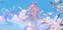 Rule 34 | 1girl, absurdres, belt, bird, blue hair, blue sky, bow-shaped hair, closed mouth, cloud, cloudy sky, colored tips, dress, floating hair, genshin impact, guaishengyin, highres, jacket, long hair, long sleeves, looking at viewer, multicolored hair, official alternate costume, outdoors, pink hair, pink jacket, sangonomiya kokomi, sangonomiya kokomi (xiaohongshu), seagull, sky, smile, solo, very long hair, viewfinder, white belt, white dress