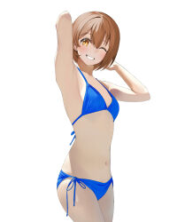 Rule 34 | 1girl, :d, absurdres, armpits, arms up, backlighting, bikini, blue bikini, breasts, brown eyes, brown hair, gr greeze, grin, highres, looking at viewer, navel, one eye closed, open mouth, original, photo-referenced, simple background, small breasts, smile, solo, swimsuit, teeth, white background