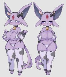 Rule 34 | 1girl, animal print, blush, breasts, colored sclera, cow print, cow print bikini, creatures (company), espeon, furry, furry female, game freak, gen 2 pokemon, highres, large breasts, navel, nintendo, pokemon, pokemon (creature), print bikini, purple eyes, rikose, thick thighs, thighs