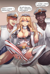 Rule 34 | 10s, 1girl, 2boys, :p, admiral (kancolle), american flag, american flag panties, asymmetrical legwear, bare shoulders, blonde hair, blue eyes, blush, breasts, bulge, cheating (relationship), cleavage, clothes writing, earrings, english text, engrish text, erection, erection under clothes, garter straps, gloves, hat, headgear, highres, iowa (kancolle), jewelry, kantai collection, large breasts, lip piercing, lip rig, long hair, looking at viewer, miniskirt, mismatched legwear, multiple boys, multiple girls, musyne xsk, navel, netorare, nipples, no eyes, no shoes, nose piercing, one breast out, panties, pantyshot, peaked cap, penis, piercing, ranguage, shiny skin, sitting, skirt, star-shaped pupils, star (symbol), striped clothes, striped thighhighs, symbol-shaped pupils, thighhighs, tongue, tongue out, underwear, vertical-striped clothes, vertical-striped thighhighs