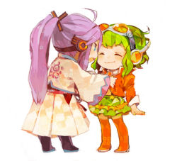 Rule 34 | 1boy, 1girl, 8&#039;108, adjusting clothes, ahoge, chibi, goggles, goggles on head, green hair, gumi, gumi (v3 megpoid), kamui gakupo, ponytail, purple hair, short hair, simple background, smile, vocaloid