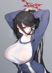 Rule 34 | 1girl, absurdres, adjusting hair, black hair, blue archive, breasts, grey background, gym uniform, hair between eyes, halo, hasumi (blue archive), hasumi (track) (blue archive), highres, jacket, large breasts, long hair, miramu (ramu450471), mole, mole under eye, official alternate costume, open mouth, ponytail, red eyes, simple background, solo
