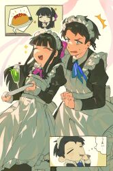 Rule 34 | 1boy, 1girl, apron, black dress, black hair, blue ribbon, bow, bowtie, character request, closed eyes, cup, dress, gegege no kitarou, green eyes, highres, holding, holding tray, juliet sleeves, long hair, long sleeves, maid, maid apron, maid headdress, mizuki (gegege no kitarou), neck ribbon, open mouth, pink bow, pink bowtie, puffy sleeves, ribbon, sidelocks, smile, tray, very long hair