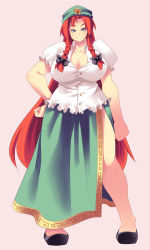 Rule 34 | 1girl, alternate costume, bad id, bad pixiv id, blue eyes, braid, breasts, cleavage, female focus, hat, highres, hong meiling, large breasts, long hair, pink background, plump, red hair, simple background, solo, touhou, twin braids, uccow, very long hair