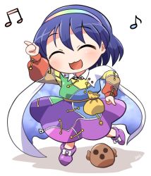 Rule 34 | 1girl, :3, :d, ^ ^, bag, beamed eighth notes, blue hair, bow, cape, closed eyes, dress, eighth note, footwear bow, full body, hairband, haniwa (statue), multicolored clothes, multicolored dress, musical note, open mouth, pointing, pointing up, purple footwear, rainbow, rokugou daisuke, short hair, signature, simple background, smile, solo, standing, tenkyuu chimata, touhou, white background, white bow, white cape