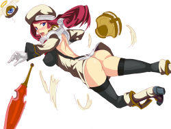 Rule 34 | 1girl, arc system works, ass, back, beret, black thighhighs, blazblue, blazblue: continuum shift, blue eyes, blush, breasts, gloves, hair tubes, hat, highres, large breasts, long hair, no panties, red hair, short sword, solo, sword, thighhighs, tsubaki yayoi, uniform, wantsupanchi!!, weapon, white gloves, winged hat