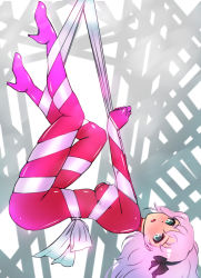 Rule 34 | 1girl, :o, aqua eyes, arms up, bdsm, blush, bondage, bound, breasts, covered erect nipples, female focus, full body, high heels, legs up, long hair, looking at viewer, looking to the side, medium breasts, onsen tengoku, open mouth, original, pink hair, ribbon, skin tight, solo, suspension
