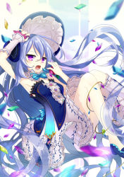Rule 34 | 1girl, arm up, armpits, blurry, depth of field, gem, hat, long hair, looking at viewer, nyori, open mouth, original, purple eyes, silver hair, solo, very long hair