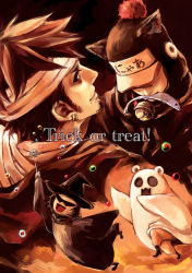 Rule 34 | 3boys, animal ears, bandages, bear, bell, bepo, cat ears, cloak, collar, costume, earflap hat, earrings, fish, ghost, halloween, hat, hat over eyes, heart pirates, jewelry, jolly roger, kamuna8046z, male focus, mouth hold, multiple boys, mummy, one piece, penguin (one piece), pirate, running, shachi (one piece), smile, sunglasses, trafalgar law, wand, wig, witch, witch hat