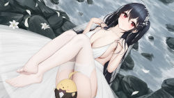 Rule 34 | &gt; &lt;, 1girl, absurdres, azur lane, black hair, breasts, center opening, cleavage, cocktail dress, commentary, dress, english commentary, evening gown, feet, flower, full body, garter straps, hair strand, highres, large breasts, long hair, manjuu (azur lane), official alternate costume, plunging neckline, red eyes, revision, rock, satin dress, sleeveless, sleeveless dress, solo, taihou (azur lane), taihou (temptation on the sea breeze) (azur lane), thighhighs, thighs, toes, very long hair, wedding dress, white flower, white garter straps, white thighhighs, yu (want rou nai zi)