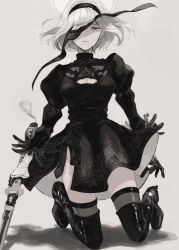 Rule 34 | 1girl, absurdres, black dress, black footwear, black gloves, black hairband, black thighhighs, boots, breasts, cleavage, cleavage cutout, closed mouth, clothing cutout, dress, feather trim, feathers, frown, gloves, grey background, grey eyes, hairband, highres, holding, holding sword, holding weapon, knee boots, kneeling, lips, medium hair, mole, mole under mouth, nier (series), nier:automata, pink lips, puffy sleeves, shadow, simple background, solo, sword, thigh boots, thighhighs, thighhighs under boots, tokotoko numa, turtleneck, two-sided fabric, two-sided skirt, weapon, white hair, 2b (nier:automata)