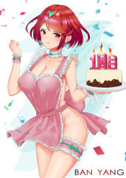 Rule 34 | 1girl, apron, artist name, ban yang, bare arms, bare shoulders, blush, bow, breasts, cake, cleavage, closed mouth, collarbone, confetti, cowboy shot, earrings, eyelashes, fire, fire, food, frilled apron, frilled cuffs, frills, gem, glint, glowing, glowing earrings, gradient background, green bow, headpiece, highres, holding, holding tray, icing, jewelry, large breasts, looking at viewer, midriff, naked apron, neck garter, nintendo, pink apron, pyra (xenoblade), short hair, solo, standing, swept bangs, thighs, tray, wrist cuffs, xenoblade chronicles (series), xenoblade chronicles 2