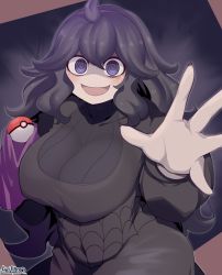 Rule 34 | 1girl, @ @, ahoge, alternate breast size, black hair, blush, breasts, creatures (company), dress, game freak, hairband, hex maniac (pokemon), highres, holding, holding cloth, holding poke ball, large breasts, long hair, looking at viewer, messy hair, nail polish, nintendo, open mouth, poke ball, poke ball (basic), pokemon, pokemon xy, purple eyes, purple hairband, ryuusui arumo, signature, smile, solo, spread fingers, very long hair