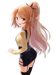 Rule 34 | 1girl, absurdres, arknights, black thighhighs, blush, brown eyes, feather hair, garter straps, highres, killizard, long hair, long sleeves, looking at viewer, mole, mole under eye, no tail, orange hair, pinecone (arknights), ponytail, side slit, simple background, skirt, solo, suspender skirt, suspenders, sweater, thighhighs, turtleneck, turtleneck sweater, white background, yellow sweater