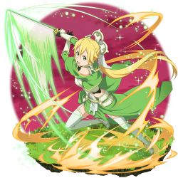 Rule 34 | 1girl, blonde hair, boots, faux figurine, floating hair, garter straps, gloves, green eyes, green gloves, green skirt, hair between eyes, highres, holding, holding sword, holding weapon, leafa, leafa (terraria), long hair, looking at viewer, official art, open mouth, running, skirt, solo, sword, sword art online, sword art online: memory defrag, thigh boots, thighhighs, transparent background, very long hair, weapon, white footwear